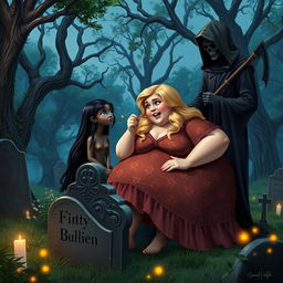 A very fat, round, beautiful, attractive young woman with luscious blond hair, dressed in a flowing, colorful dress, is joyfully feeding a stunning, innocent dark-haired woman with crystal blue eyes
