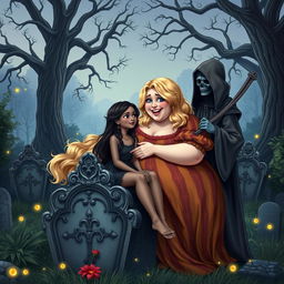 A very fat, round, beautiful, attractive young woman with luscious blond hair, dressed in a flowing, colorful dress, is joyfully feeding a stunning, innocent dark-haired woman with crystal blue eyes