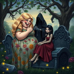 A very fat, round, beautiful, attractive young woman with luscious blond hair, dressed in a flowing, colorful dress, is joyfully feeding a stunning, innocent dark-haired woman with crystal blue eyes