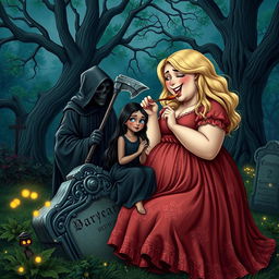A very fat, round, beautiful, attractive young woman with luscious blond hair, dressed in a flowing, colorful dress, is joyfully feeding a stunning, innocent dark-haired woman with crystal blue eyes