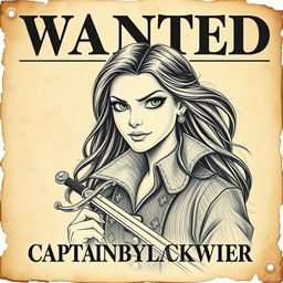 A vintage-style wanted poster featuring Captain Lysandra Blackwater, the cunning and charismatic pirate queen