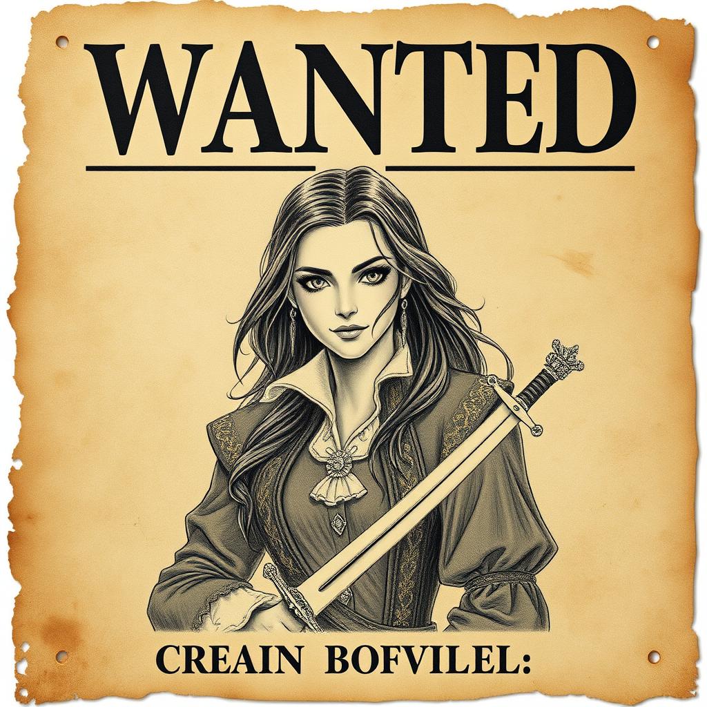 A vintage-style wanted poster featuring Captain Lysandra Blackwater, the cunning and charismatic pirate queen