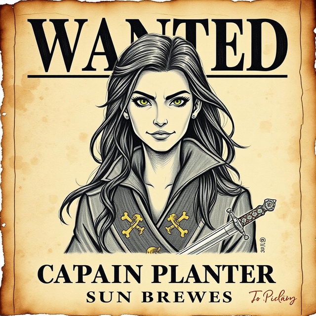 A vintage-style wanted poster featuring Captain Lysandra Blackwater, the cunning and charismatic pirate queen