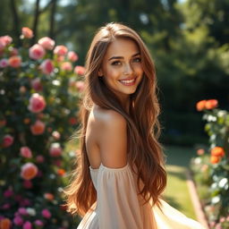 A beautiful young woman with long flowing hair, wearing an elegant flowing dress, standing in a lush garden filled with colorful flowers