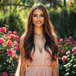 A beautiful young woman with long flowing hair, wearing an elegant flowing dress, standing in a lush garden filled with colorful flowers