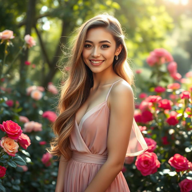 A beautiful young woman with long flowing hair, wearing an elegant flowing dress, standing in a lush garden filled with colorful flowers