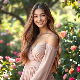 A beautiful young woman with long flowing hair, wearing an elegant flowing dress, standing in a lush garden filled with colorful flowers