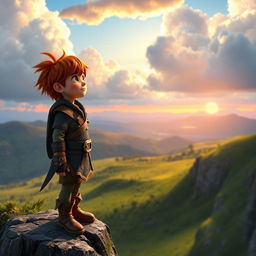 Hiccup from the DreamWorks animated series 'How to Train Your Dragon' standing on a cliff, gazing thoughtfully at the vast sky filled with fluffy clouds and a hint of sunset colors