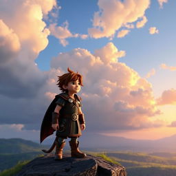 Hiccup from the DreamWorks animated series 'How to Train Your Dragon' standing on a cliff, gazing thoughtfully at the vast sky filled with fluffy clouds and a hint of sunset colors