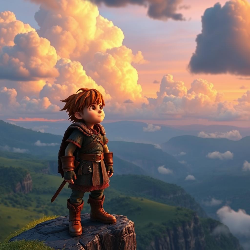 Hiccup from the DreamWorks animated series 'How to Train Your Dragon' standing on a cliff, gazing thoughtfully at the vast sky filled with fluffy clouds and a hint of sunset colors
