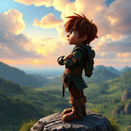 Hiccup from the DreamWorks animated series 'How to Train Your Dragon' standing on a cliff, gazing thoughtfully at the vast sky filled with fluffy clouds and a hint of sunset colors
