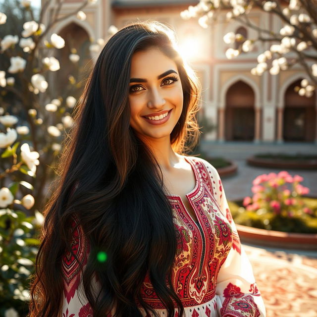 A stunning Iranian woman with long, dark, silky hair and striking brown eyes, adorned in a traditional Iranian dress that beautifully blends modern style with cultural elements
