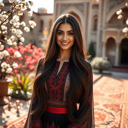 A stunning Iranian woman with long, dark, silky hair and striking brown eyes, adorned in a traditional Iranian dress that beautifully blends modern style with cultural elements