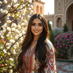 A stunning Iranian woman with long, dark, silky hair and striking brown eyes, adorned in a traditional Iranian dress that beautifully blends modern style with cultural elements