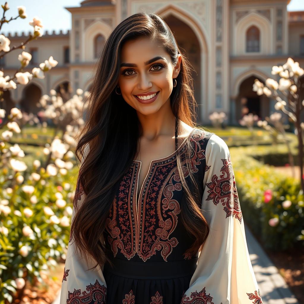 A stunning Iranian woman with long, dark, silky hair and striking brown eyes, adorned in a traditional Iranian dress that beautifully blends modern style with cultural elements