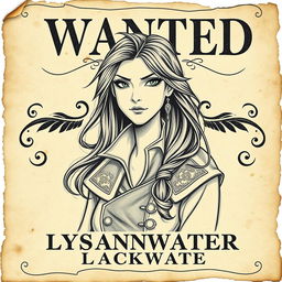 A vintage-style wanted poster featuring Captain Lysandra Blackwater, the cunning and charismatic pirate queen