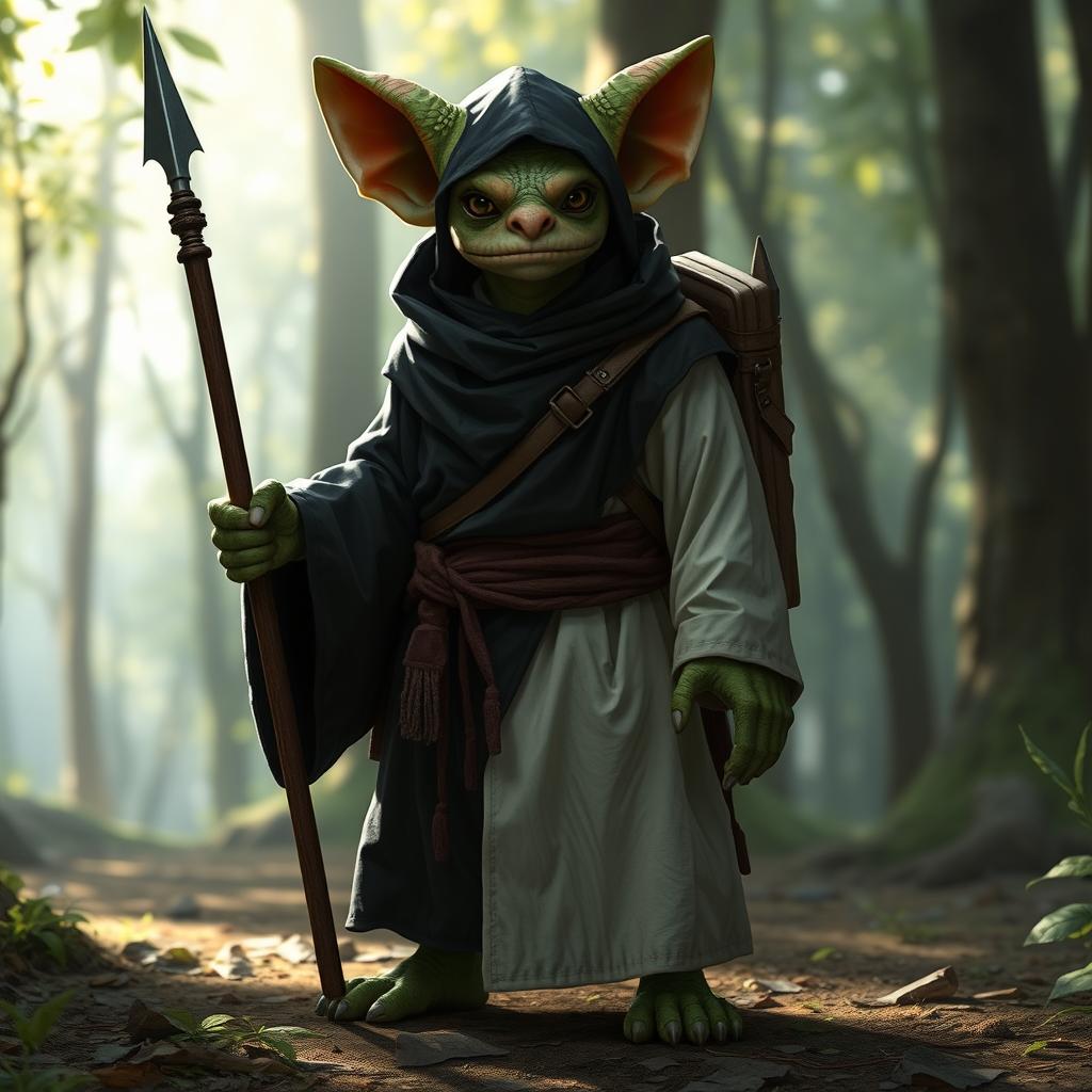 A kobold monk dressed in a unique robe, with the left side of the robe colored black and the right side colored white, creating a striking contrast