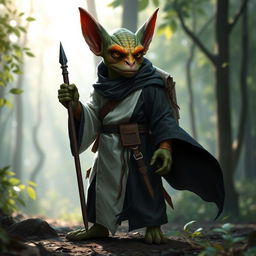 A kobold monk dressed in a unique robe, with the left side of the robe colored black and the right side colored white, creating a striking contrast
