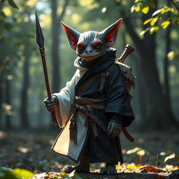 A kobold monk dressed in a unique robe, with the left side of the robe colored black and the right side colored white, creating a striking contrast