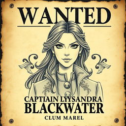 A vintage-style wanted poster featuring Captain Lysandra Blackwater, the cunning and charismatic pirate queen