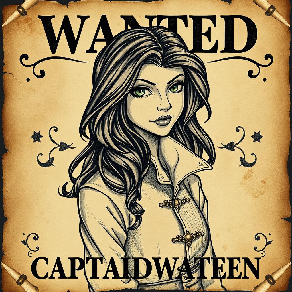 A vintage-style wanted poster featuring Captain Lysandra Blackwater, the cunning and charismatic pirate queen