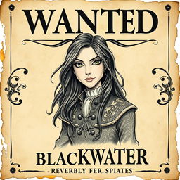 A vintage-style wanted poster featuring Captain Lysandra Blackwater, the cunning and charismatic pirate queen