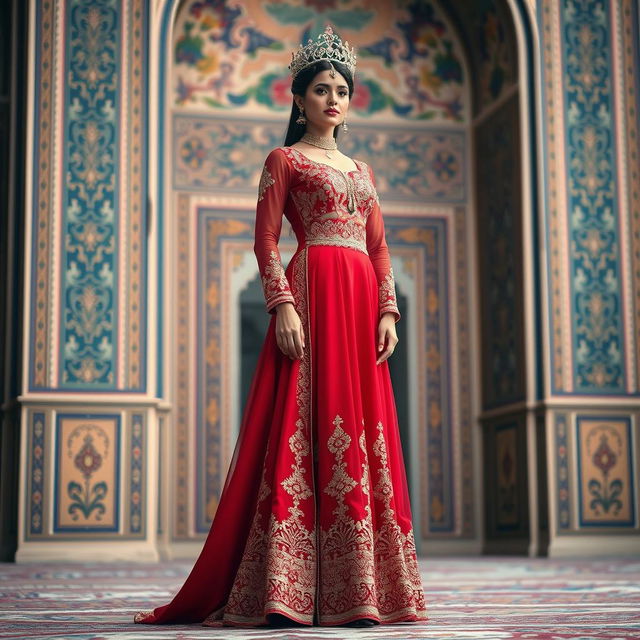 An elegant figure dressed in a traditional Iranian outfit featuring a long red skirt and intricate embroidery