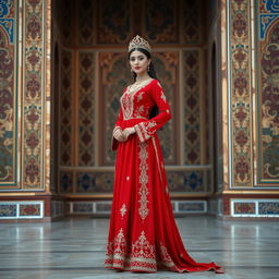 An elegant figure dressed in a traditional Iranian outfit featuring a long red skirt and intricate embroidery