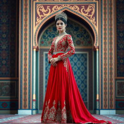 An elegant figure dressed in a traditional Iranian outfit featuring a long red skirt and intricate embroidery