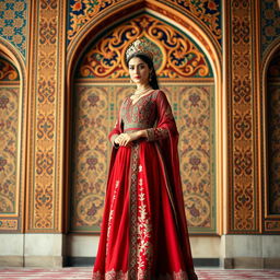 An elegant figure dressed in a traditional Iranian outfit featuring a long red skirt and intricate embroidery