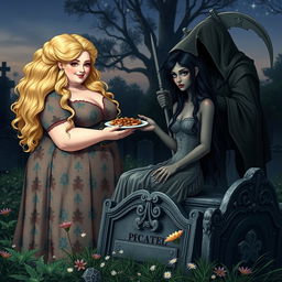 A very fat, round, beautiful, attractive young woman with radiant blond hair, dressed in a flowing, colorful dress, is lovingly feeding a plate of food to a stunning, attractive dark-haired woman with mesmerizing crystal blue eyes