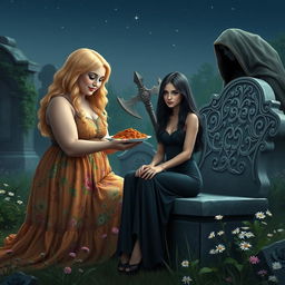 A very fat, round, beautiful, attractive young woman with radiant blond hair, dressed in a flowing, colorful dress, is lovingly feeding a plate of food to a stunning, attractive dark-haired woman with mesmerizing crystal blue eyes