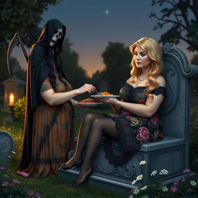 A very fat, round, beautiful, attractive young woman with radiant blond hair, dressed in a flowing, colorful dress, is lovingly feeding a plate of food to a stunning, attractive dark-haired woman with mesmerizing crystal blue eyes