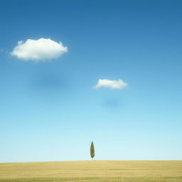 A minimalistic landscape featuring a vast, open field under a clear blue sky