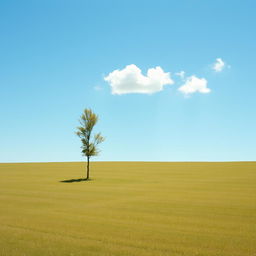 A minimalistic landscape featuring a vast, open field under a clear blue sky