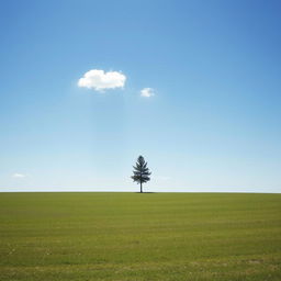 A minimalistic landscape featuring a vast, open field under a clear blue sky