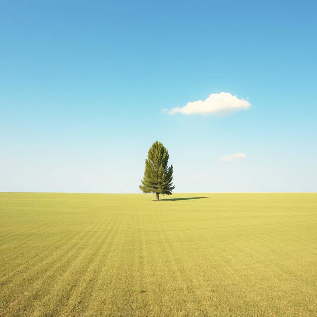 A minimalistic landscape featuring a vast, open field under a clear blue sky