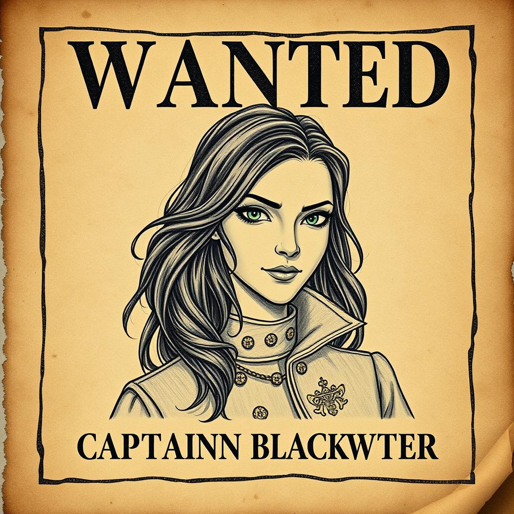 A vintage-style wanted poster featuring Captain Lysandra Blackwater, the cunning and charismatic pirate queen