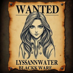 A vintage-style wanted poster featuring Captain Lysandra Blackwater, the cunning and charismatic pirate queen