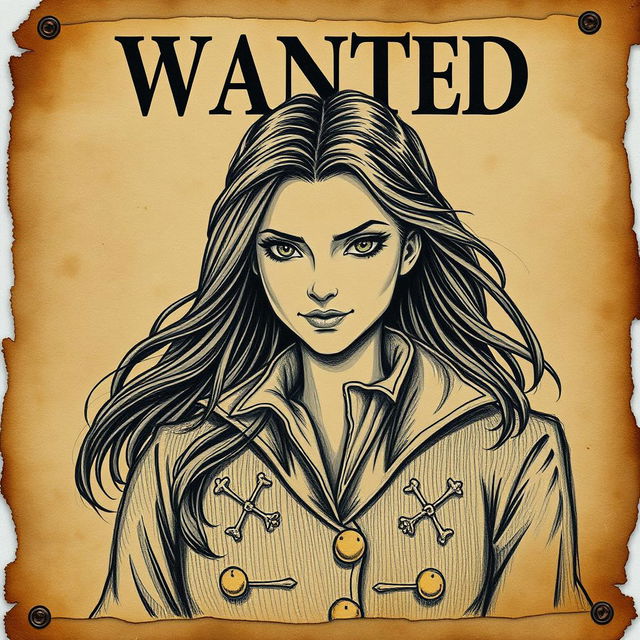 A vintage-style wanted poster featuring Captain Lysandra Blackwater, the cunning and charismatic pirate queen