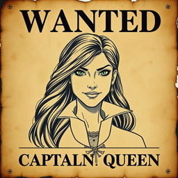 A vintage-style wanted poster featuring Captain Lysandra Blackwater, the cunning and charismatic pirate queen