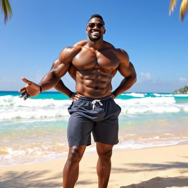 A powerful and muscular black man standing confidently on a sunny beach, showcasing his impressive physique