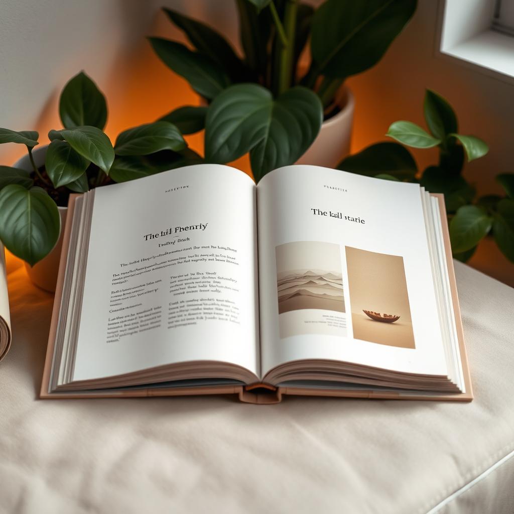 An art book opened to display its beautiful and simple layout, featuring elegant typography and soft, minimalistic illustrations