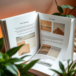 An art book opened to display its beautiful and simple layout, featuring elegant typography and soft, minimalistic illustrations