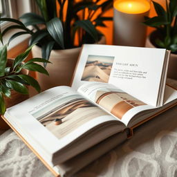 An art book opened to display its beautiful and simple layout, featuring elegant typography and soft, minimalistic illustrations