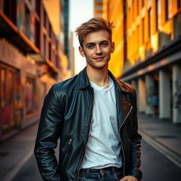 A portrait of a young man named Cole Pamler, standing confidently in a stylish urban setting