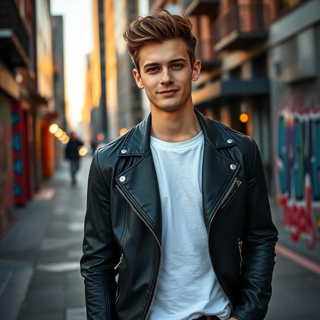 A portrait of a young man named Cole Pamler, standing confidently in a stylish urban setting