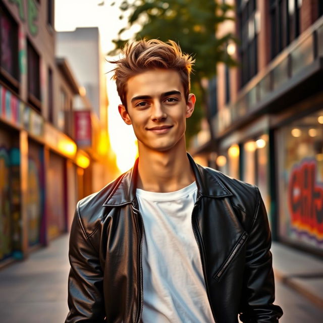 A portrait of a young man named Cole Pamler, standing confidently in a stylish urban setting