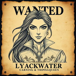 A vintage-style wanted poster featuring Captain Lysandra Blackwater, the cunning and charismatic pirate queen