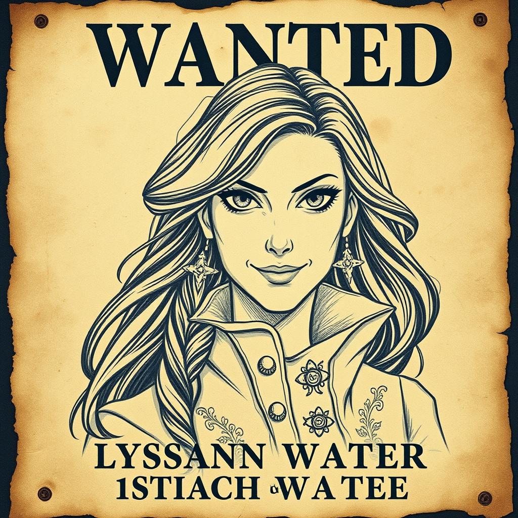 A vintage-style wanted poster featuring Captain Lysandra Blackwater, the cunning and charismatic pirate queen